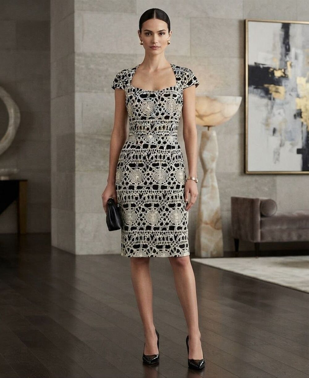 David Meister black and ivory print cap sleeve sheath dress size 8